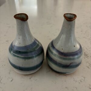 Pair of petite pottery oil and vinegar dispensers or vases 5”